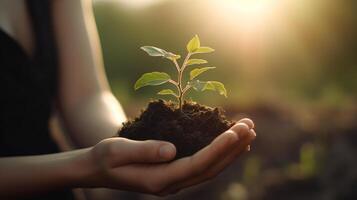 un persona participación un pequeño planta en su manos eco mundo a salvar el tierra. generativo ai foto
