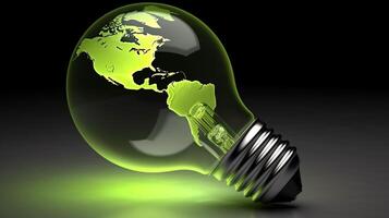 A green light bulb with the Earth on it Eco planet to have a green planet. photo