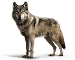 A grey wolf standing on a white surface with a white background and looking to the camera. photo