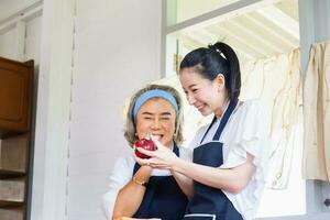 Senior asian mother and middle aged daughter cooking together at kitchen photo