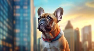 cute french bulldog on the background of the city copy space, the concept of love and care for animals, photo