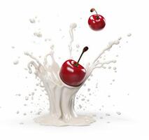 falling cherry in milk splash, yogurt or juice packaging mockup, photo