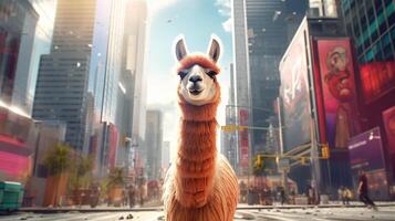 cute cheerful lama on the background of the city, Humorous image of a llama in the city, photo