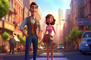 beautiful couple in the city, illustration of cartoon couple in the city, love and relationship concept, photo