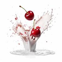 falling cherry in milk splash, yogurt or juice packaging mockup, photo