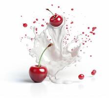 falling cherry in milk splash, yogurt or juice packaging mockup, photo