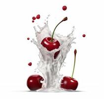 falling cherry in milk splash, yogurt or juice packaging mockup, photo