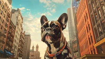 cute french bulldog on the background of the city copy space, the concept of love and care for animals, Ai Generative photo