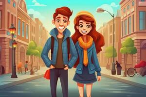 hermosa Pareja en el ciudad, ilustración de dibujos animados Pareja en el ciudad, amor y relación concepto, ai generativo foto