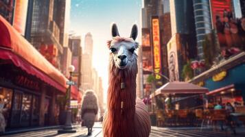 cute cheerful lama on the background of the city, Humorous image of a llama in the city, photo