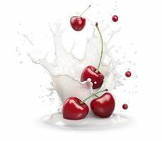 falling cherry in milk splash, yogurt or juice packaging mockup, photo