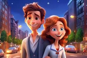 beautiful couple in the city, illustration of cartoon couple in the city, love and relationship concept, photo