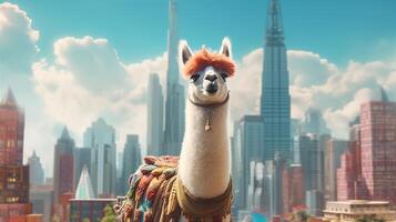 cute cheerful lama on the background of the city, Humorous image of a llama in the city, photo