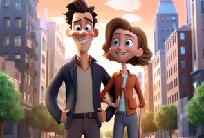 beautiful couple in the city, illustration of cartoon couple in the city, love and relationship concept, photo