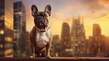 cute french bulldog on the background of the city copy space, the concept of love and care for animals, Ai Generative photo