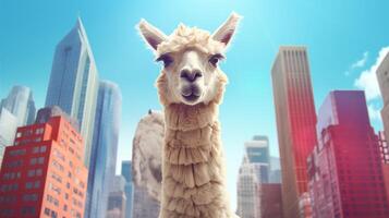 cute cheerful lama on the background of the city, Humorous image of a llama in the city, photo