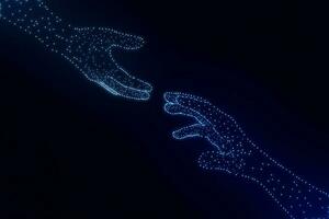 Help, friendship support concept. Hand of glowing particles reaching, giving a helping hand, hope and support each other on dark background. photo