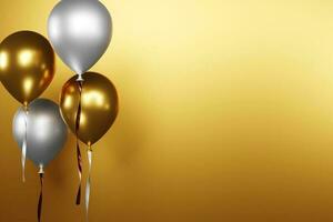 3D rendering gold and white balloons with ribbons on blank gold background for birthday party or Christmas celebration photo