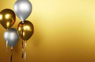 3D rendering gold and white balloons with ribbons on blank gold background for birthday party or Christmas celebration photo