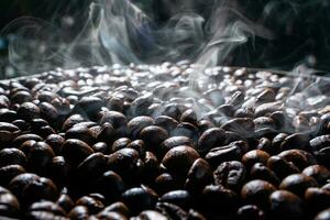 Coffee beans roasting with smoke,  selective focus, and soft focus. photo