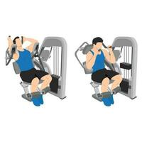 Young man exercise with abs muscles on press machine, Man working out with ab crunch machine. vector