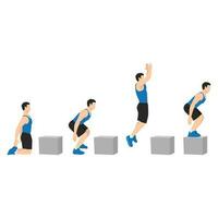 Man doing knee to box jump squat or power jump exercise. vector