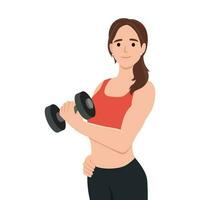 a woman is doing exercise with dumbbell. Flat vector