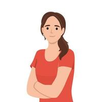 Confident and beautiful young woman in smart casual wear keeping arms crossed and smiling. Portrait of a young smiling woman. Woman folded hands. vector