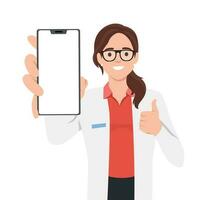 hermosa médico o enfermero participación y demostración blanco teléfono pantalla y demostración pulgar arriba. digital pago vector