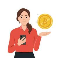 Young business woman holding mobile phone with digital currency, bitcoin screen concept vector