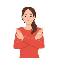 Angry woman standing with the crossed arms, no sign. Refuse gesture, negative expression vector