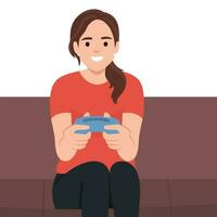 mujer jugando vídeo juegos. juego almohadilla. vector