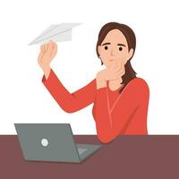 Unmotivated woman freelancer procrastinating sitting at office desk with laptop and launching paper planes. Unmotivated office worker needs support from manager vector