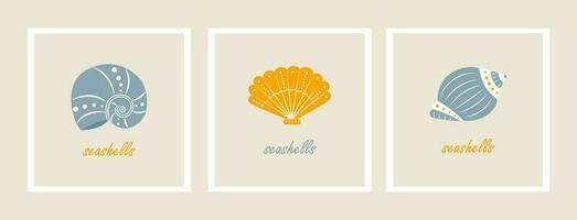 Set of retro posters with seashells in minimalist style. Organic shapes abstract hand drawn vector