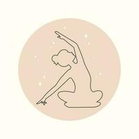 Girl in lotus position makes tilt to side. Silhouette, symbol, logo, emblem, icon for web design, social media stories. Trendy minimal lineart style. Woman practices yoga asanas. Vector in boho style