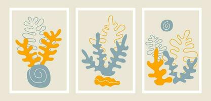 Corals and seashells, abstract posters in minimalist style. Organic shapes hand drawn vector