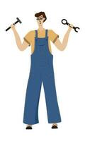 Master in overalls with a tool in his hands. Worker with a hammer and a wrench is preparing to work vector