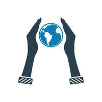 Save the earth icon. With Globe and Hand Symbols. Editable Flat Vector Illustration.