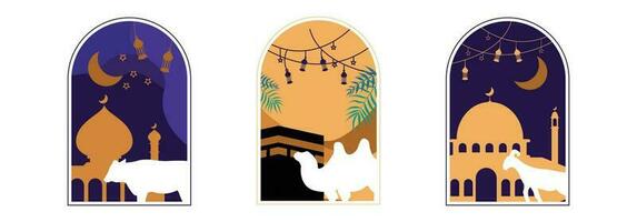 eid al adha greeting card with sheep, cow, and camel for sacrificial in the night vector