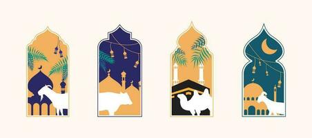 islamic eid al adha sacrificial day greeting card with ornamental arabic frame with sacrificial sheep goat cow and camel vector