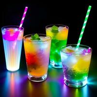 Glasses with colorful cocktails decorated with orange and lemon slices. Multicolored summer drinks. Generative Artificial Intelligence. photo