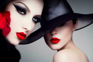 bonito mujer con rojo labios vistiendo grande negro sombreros. generativo artificial inteligencia. foto