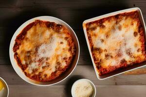 Italian Lasagne on rustic wooden table. Top view, flat lay. Generative Artificial Intelligence. photo