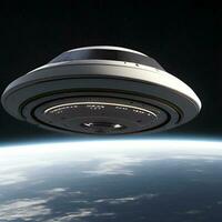 Extraterrestrial starship, UFO, entering in Earth's orbit. Generative Artificial Intelligence. photo