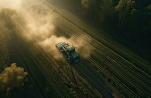 Aerial view of combine harvester. Harvest of rapeseed field. Industrial background on agricultural theme. Biofuel production from above. Agriculture and environment in European Union. photo