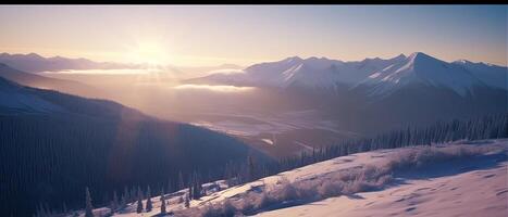 Aerial View from Airplane of Snow Covered Mountain Landscape in Winter. Colorful Pink Sky Art Render. . photo