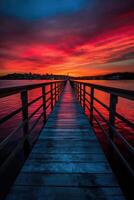 Wooden plank walkway leading to a beautiful sunset on the lake. Generative Ai. photo