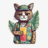 The cute cat wears a Hawaii shirt and holding a cocktail in his hand. illustration. . photo