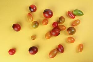 Fresh ripe mixed tomato verity assorted color on yellow background photo