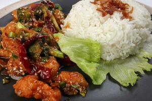 Chinese style Kung Pao Gong Bao Kung Po stair fried chicken with steamed rice lettuce on dark plate photo